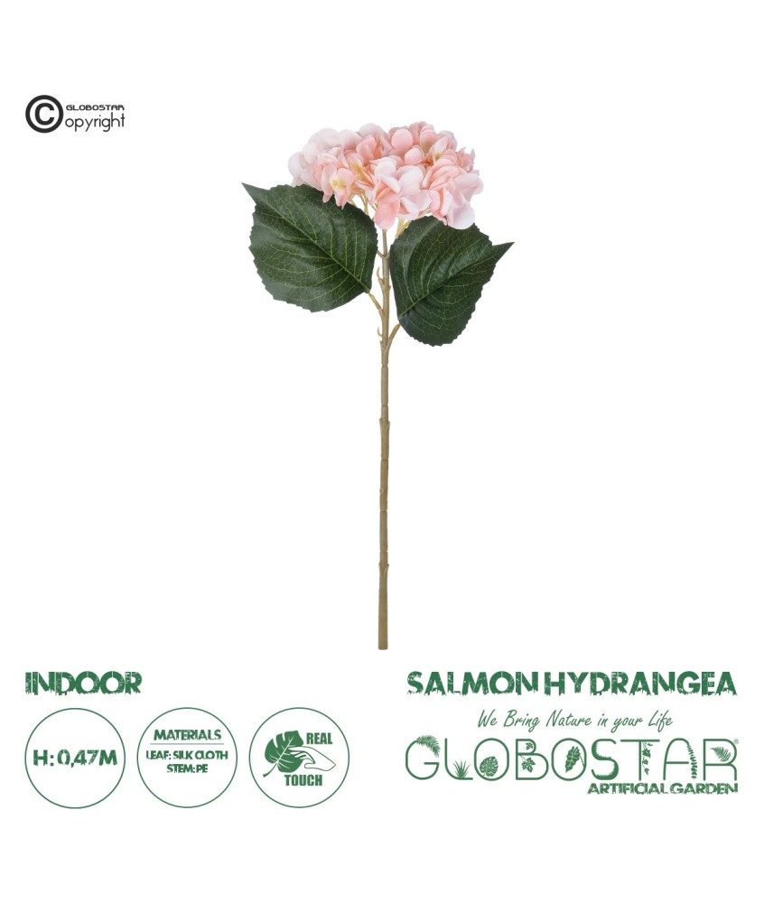 GloboStar® Artificial Garden SALMON HYDRANGEA BRANCH 21175 Τεχνητό Διακοσμητικό  Κλαδί Ορτανσίας Σαμπανιζέ  Y47cm